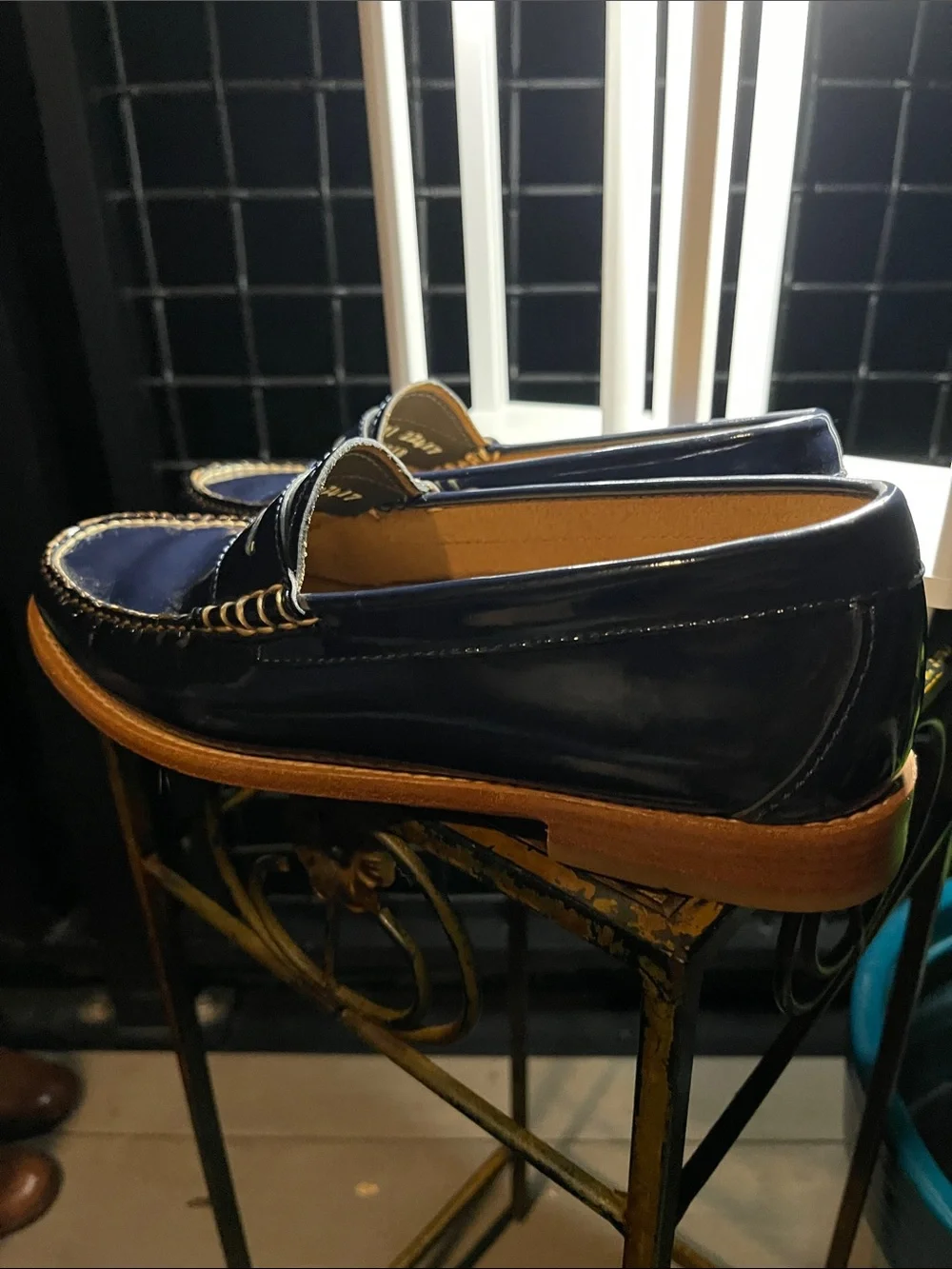 Weejuns G.H. Bass &Co Glossy Navy Penny Loafers with Tan Welt
